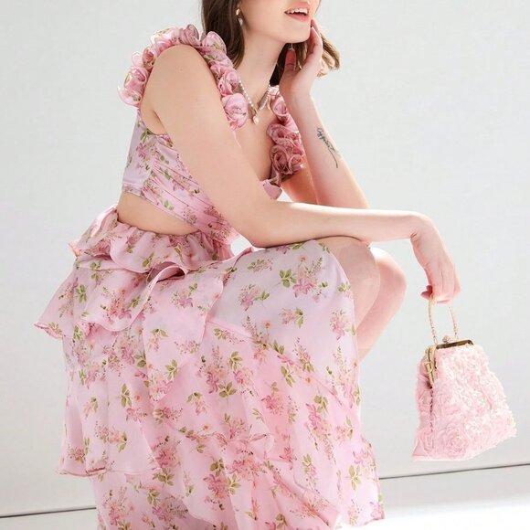 Pink Boho Women's Floral Print Cut Out Ruffle Hem Asymmetrical Flowy Dress - Picture 4 of 5